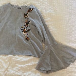 Grey Bell Sleeve Top with Floral Embroidery [NWT]
